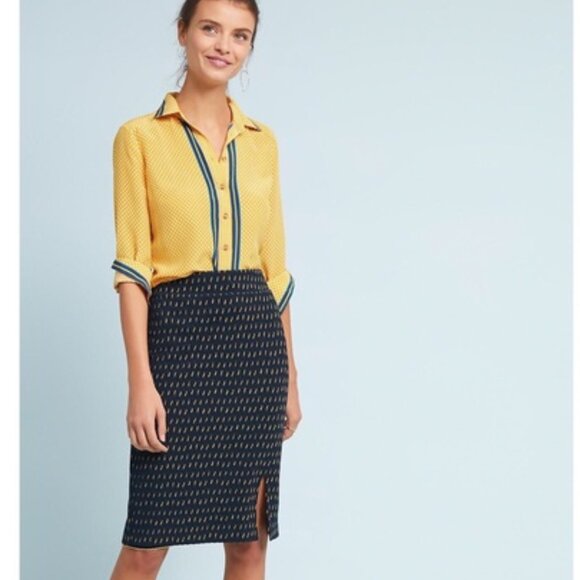 Anthropologie Maeve Hannon Textured Pencil Mini Skirt In Blue Motif Size 6 EUC - Picture 2 of 11